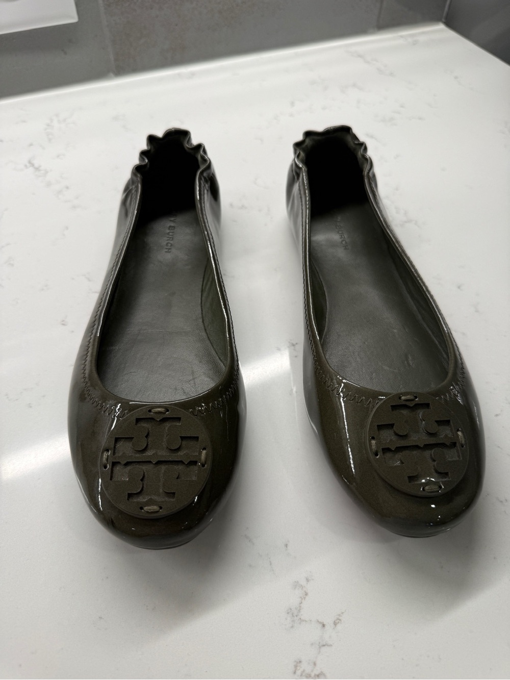 Tory Burch Dark Olive Patent Logo Ballet Flats